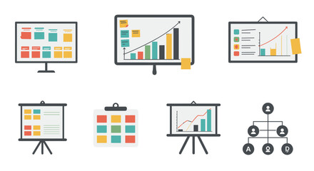Flat style business analytics and presentation icons set