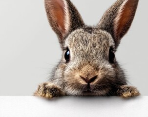 Close-up of a young gray rabbit peering over a white surface