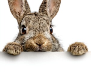 Cute rabbit peeking over white sign