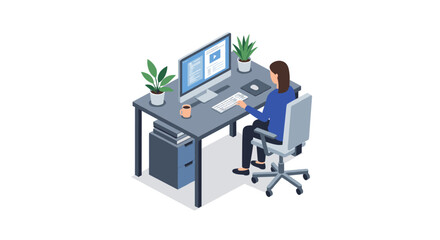 Isometric office workspace with woman at computer and indoor plants