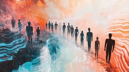 Obraz premium Artistic representation of human figures transitioning through abstract worlds