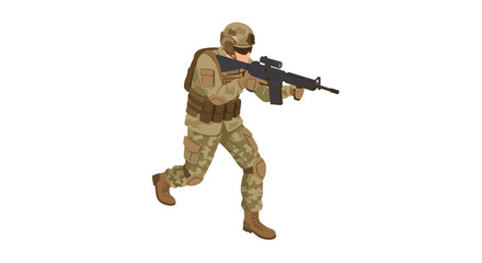 Isometric soldier in camouflage uniform with rifle on white background