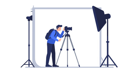 Photographer setting up equipment in studio with tripod and lighting setup