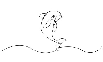 Obraz premium Dolphin Continuous One Line Drawing. Line Art Dolphin Jumping for Modern Minimalist Design. Editable Stroke. Sea Animal Simple Doodle Hand Drawn Vector Illustration