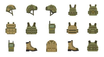 Collection of military equipment icons featuring helmets, vests, and boots in flat style