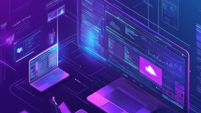Software developers working with source code and data on laptops in cyberspace