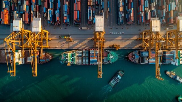 A busy port viewed from above. US custom tariffs concept video.