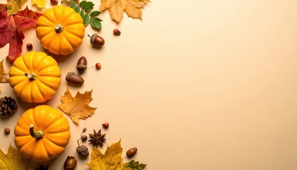 Fototapeta premium Autumn harvest celebration with pumpkins and leaves cozy home setting decorative arrangement seasonal warmth aerial view festive vibes