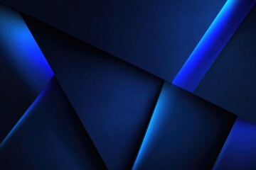 Deep blue geometric abstract background with glowing lines. Layered dark blue shapes create a complex, textured effect. Intensely colored, vibrant blue accents highlight the edges