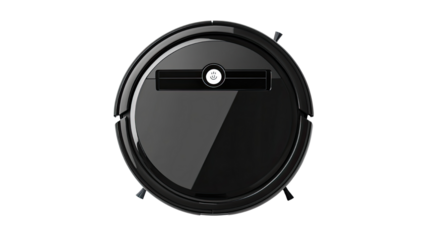 Black robotic vacuum cleaner with sleek modern design and automatic cleaning function isolated on white background
