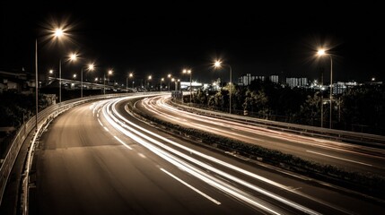 Cityscape at Night with Light Streaks on Highway, Urban Transportation and Modern Infrastructure
