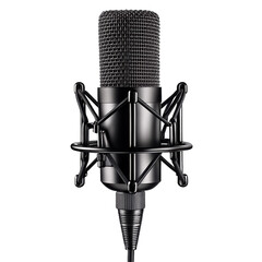 Studio Microphone: A high-quality, sleek black microphone poised to capture perfect audio in a soundproof studio environment. Designed for professional recording, podcasts, vocals, instruments.