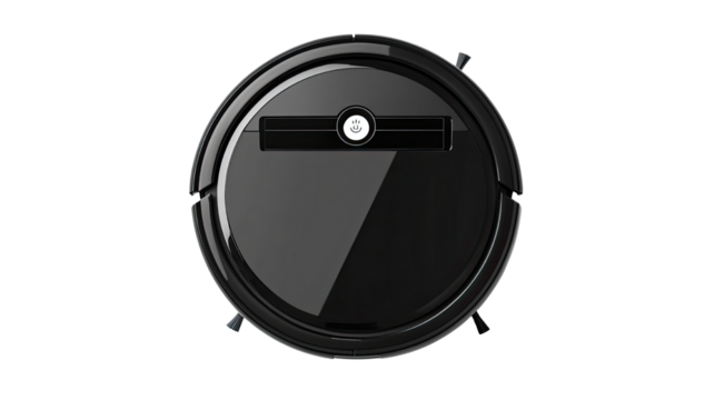 Black robotic vacuum cleaner with sleek modern design and automatic cleaning function isolated on white background
