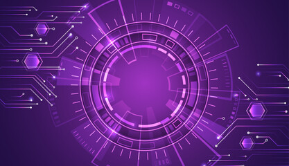 Electronic vector illustration. Abstract modern digital scientific technology, futuristic circuit board. Design for presentation. Cyber connection on purple background. High-tech communication design.