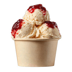 Creamy vanilla ice cream scoops in a small paper bowl topped with red jam