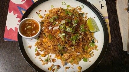 fried basmati rice with chicken and vegetables, asian food