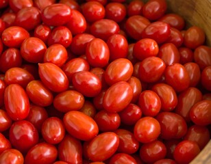 Close-up of many small, red tomatoes