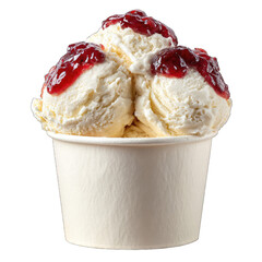 Three scoops of vanilla ice cream in a paper cup, topped with red jelly
