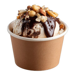 Chocolate-peanut-almond ice cream in a paper cup