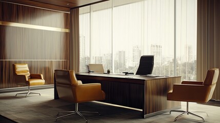 Executive office interior with modern desk, leather chairs, and city view