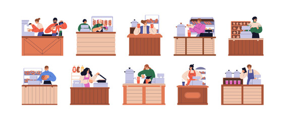 Street food and drinks, outdoor stalls with vendors at counters. Sellers selling and cooking snacks, bakery and coffee at market stands, kiosks. Flat vector illustrations isolated on white background