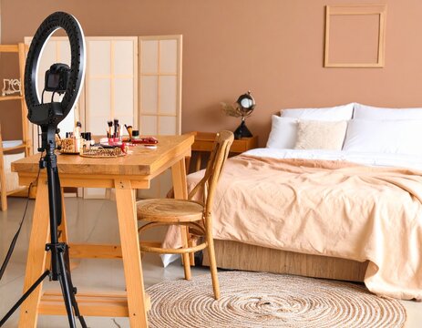 Cozy Bedroom Setup with Makeup Station and Ring Light