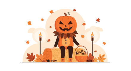 Fototapeta premium Pumpkin-headed person on a haystack with torches and falling leaves celebrates halloween holiday theme