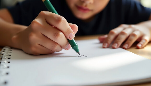 left-handed child writing, girl holding green pen practicing writing on blank paper while sitting at desk in classroom environment