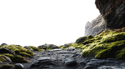 Moss-covered rocks and a path through a dark cave opening