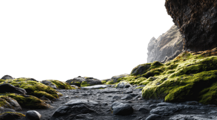 Moss-covered rocks and a path through a dark cave opening