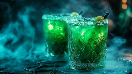 Witchcraft-themed Halloween drinks with glowing green liquids and fog .