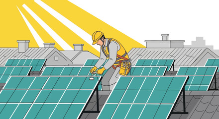 Solar Panels Installation Worker Securing Renewable Energy Source on Building Rooftop