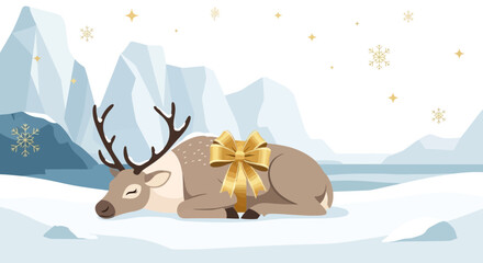 Naklejka premium Reindeer Resting Peacefully In Snowy Winter Landscape With Festive Holiday Bow
