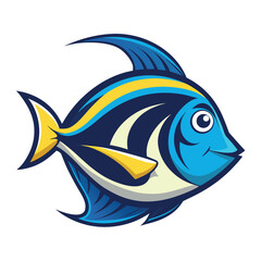 Fototapeta premium Colorful cartoon fish swimming in clear water, showcasing vibrant blue and yellow patterns with a playful expression