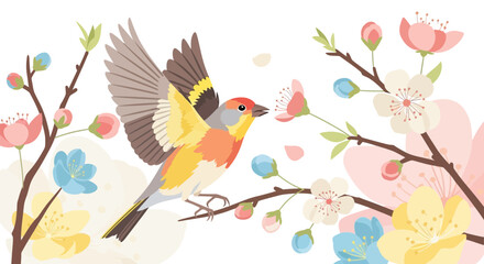Springtime Joyful Bird Among Delicate Blossoms in Full Bloom Illustration