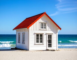 Small white beach house with red roof, sits on sandy shore near ocean waves under blue sky