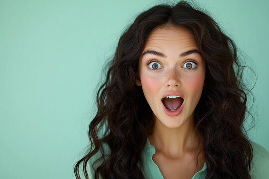 Surprised young woman with curly hair on a teal background, perfect for emotion, lifestyle, and creative inspiration concepts