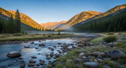 River at golden hour between mountain ridges