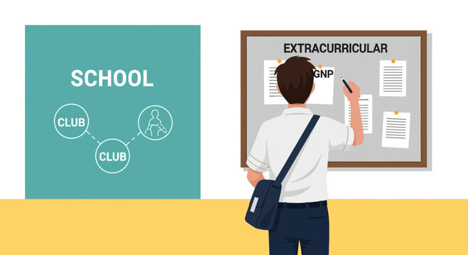 Student life cartoon illustration featuring extracurricular activities and school clubs fair