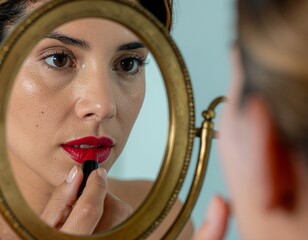 Woman Applying Red Lipstick Looking in Antique Mirror Portrait