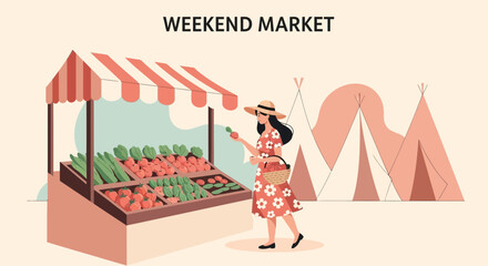 Weekend market scene with woman shopping for fresh produce in a farmers market stand