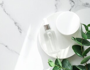 Elegant Skincare Product Display with Natural Elements on Marble