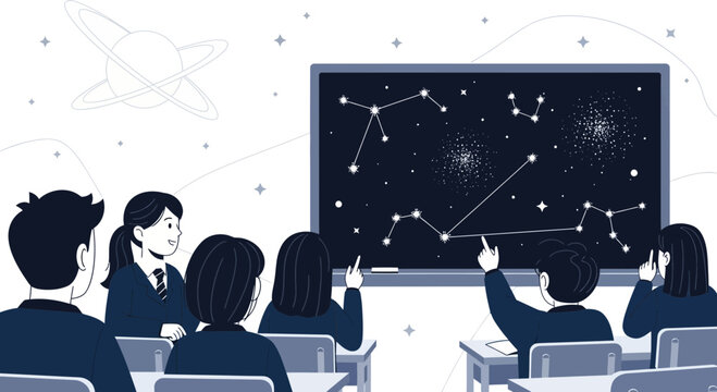 Students Observing Constellations And Planets In Astronomy Class Illustration