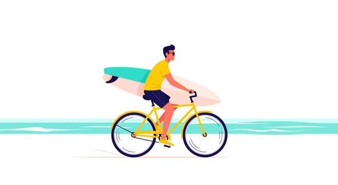 Riding a Bicycle With a Surfboard on a Beach, Minimalistic Style