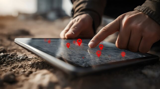 A male's hand, possibly Middle-Eastern, interacts with a tablet displaying a map with location pins, suggesting exploration. - Powered by Adobe