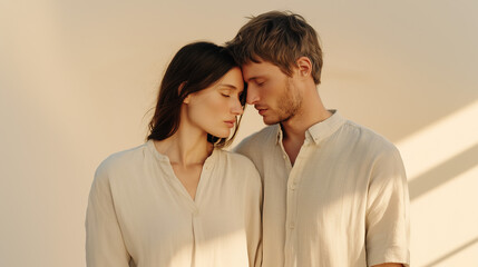 Romantic couple in matching beige linen shirts sharing intimate moment with foreheads touching. Soft natural sunlight creates warm shadows on neutral background.