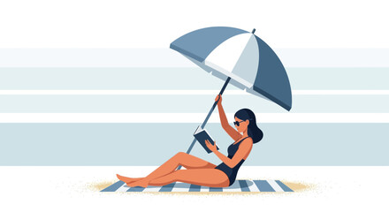 Woman reading under umbrella on beach illustrating summer vacation enjoyment