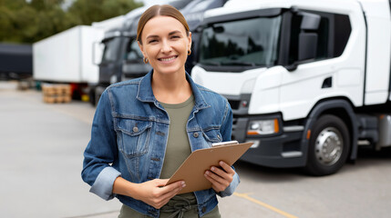 Female truck driver with clipboard standing confidently by commercial vehicle. Woman in transportation logistics industry. Professional delivery worker at freight terminal.