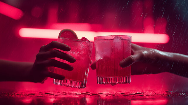 Two hands toast with cocktail glasses under dramatic red neon lighting in trendy nightclub bar. Vibrant party atmosphere with glowing electric lights creates exciting nightlife celebration mood.