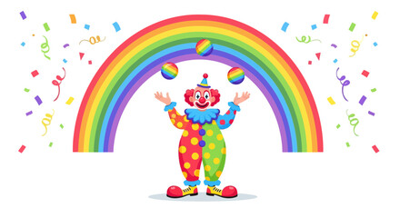 Whimsical clown juggling rainbow balls amidst confetti on a white background